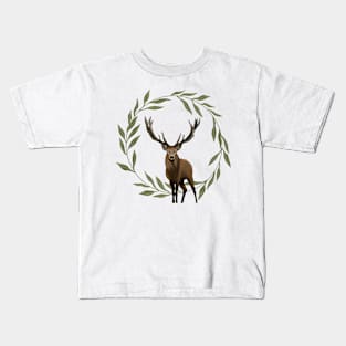 Standing Stag Leaf Circle Frame Kids T-Shirt